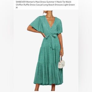Ruffle V neck maxi dress green with white dots